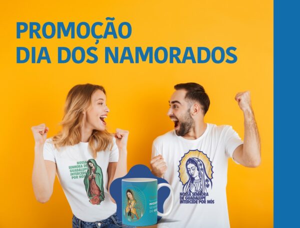 KIT Casal com 2 Camisetas Nossa Senhora de Guadalupe Interceda por Nós e 1 Caneca Guadalupe